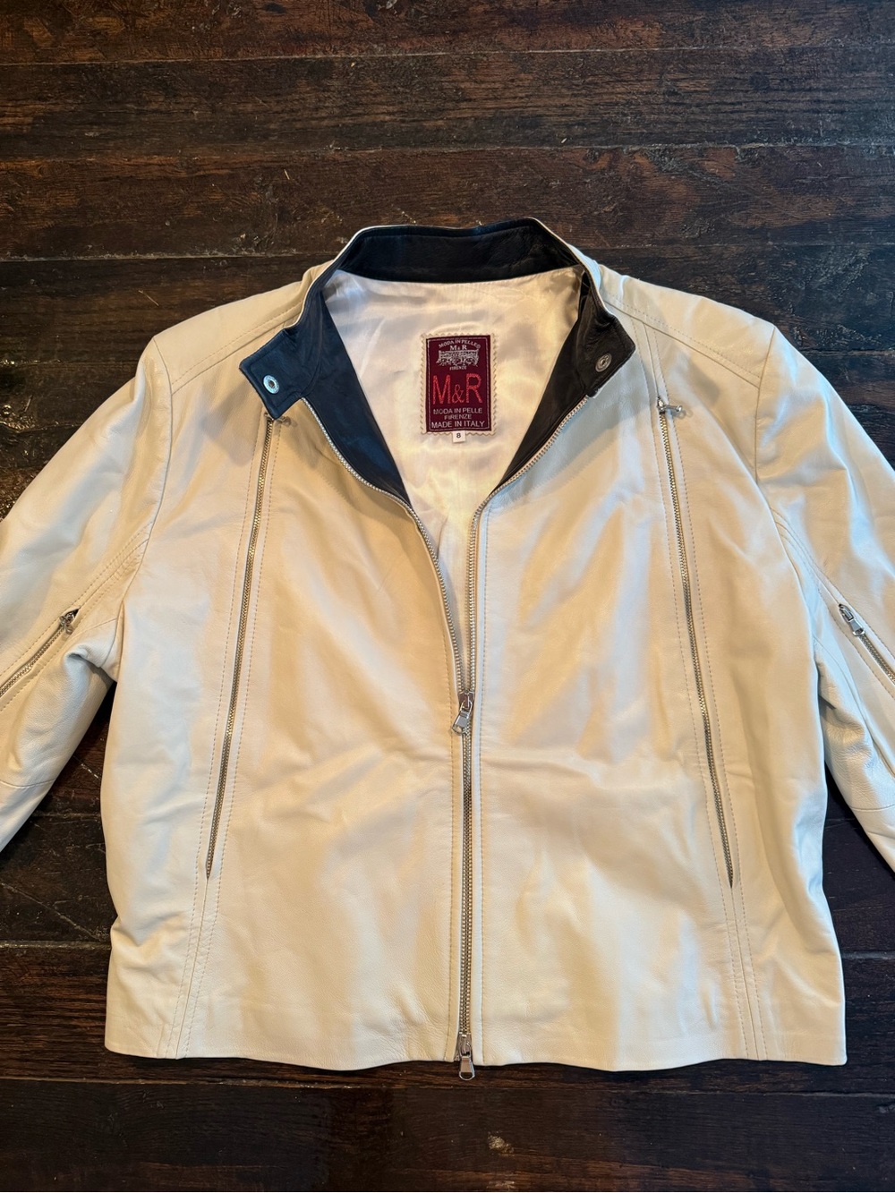 Beige Leather Zip-Front Jacket